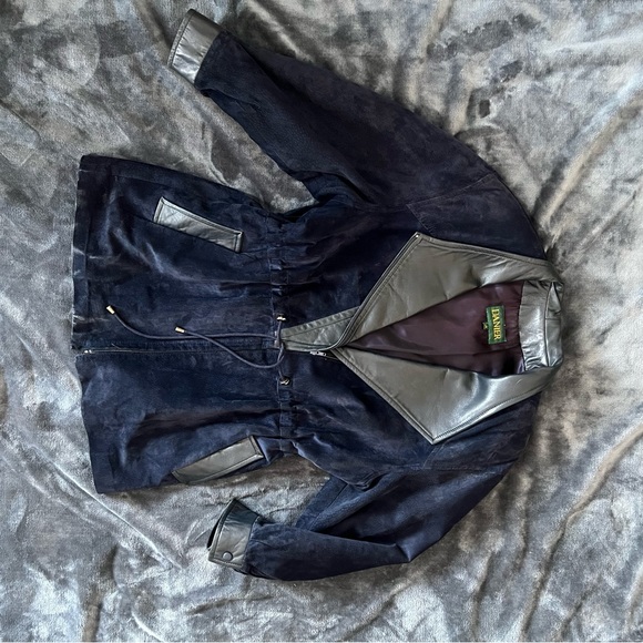 Lg navy leather and suede Danielle batwing heavy fall jacket - Picture 7 of 9